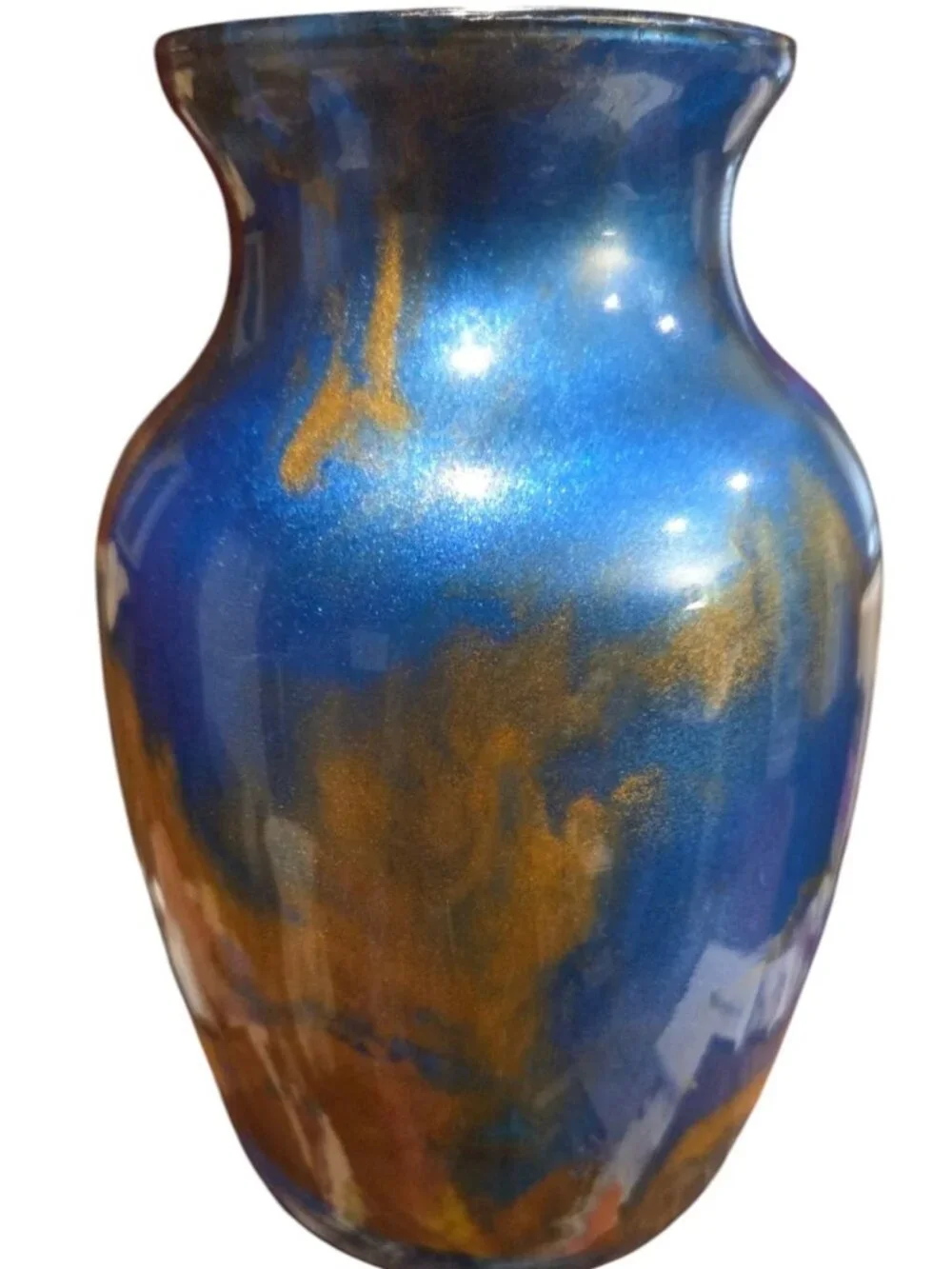 Abstract Fluid Art Glass 7 inch Vase in Metallic Blue Gold Copper, Handmade Art